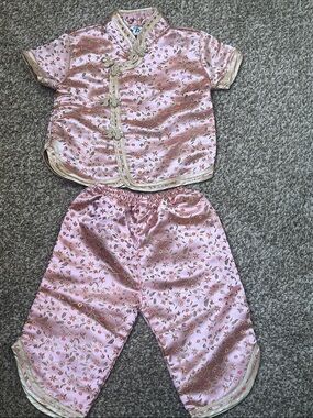 Double Peach Pink Floral Silk Embroidered Traditional Button Top & Pants